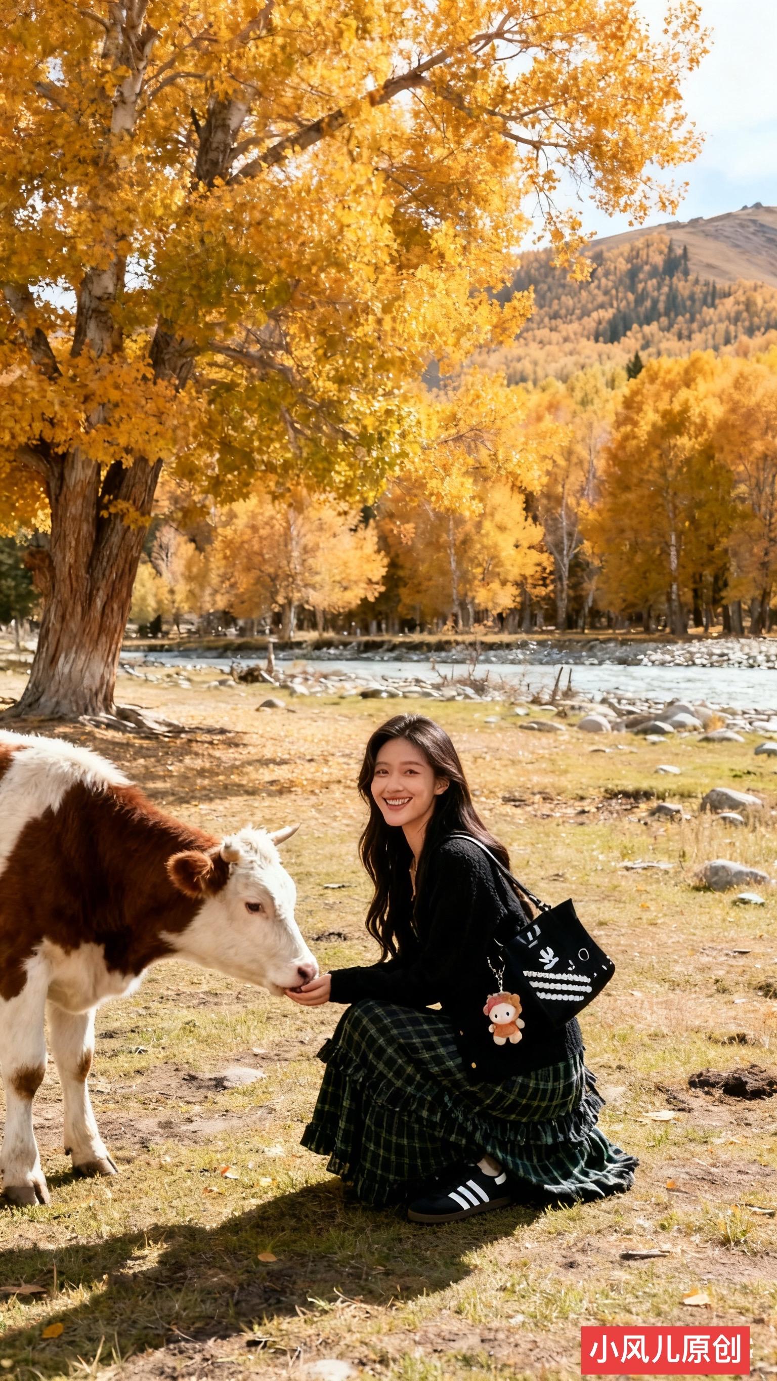 慵懒风时尚两件套。胡杨林满目金黄，树木层叠如油画。  黑色针织开衫，内...