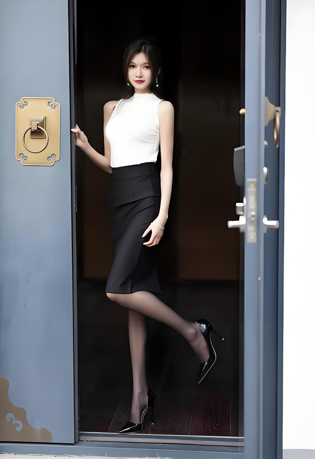 门畔刹那间的优雅倚在那扇深蓝的门旁，风掠过无袖白衫的肩线，恰似夏末最后一缕温柔