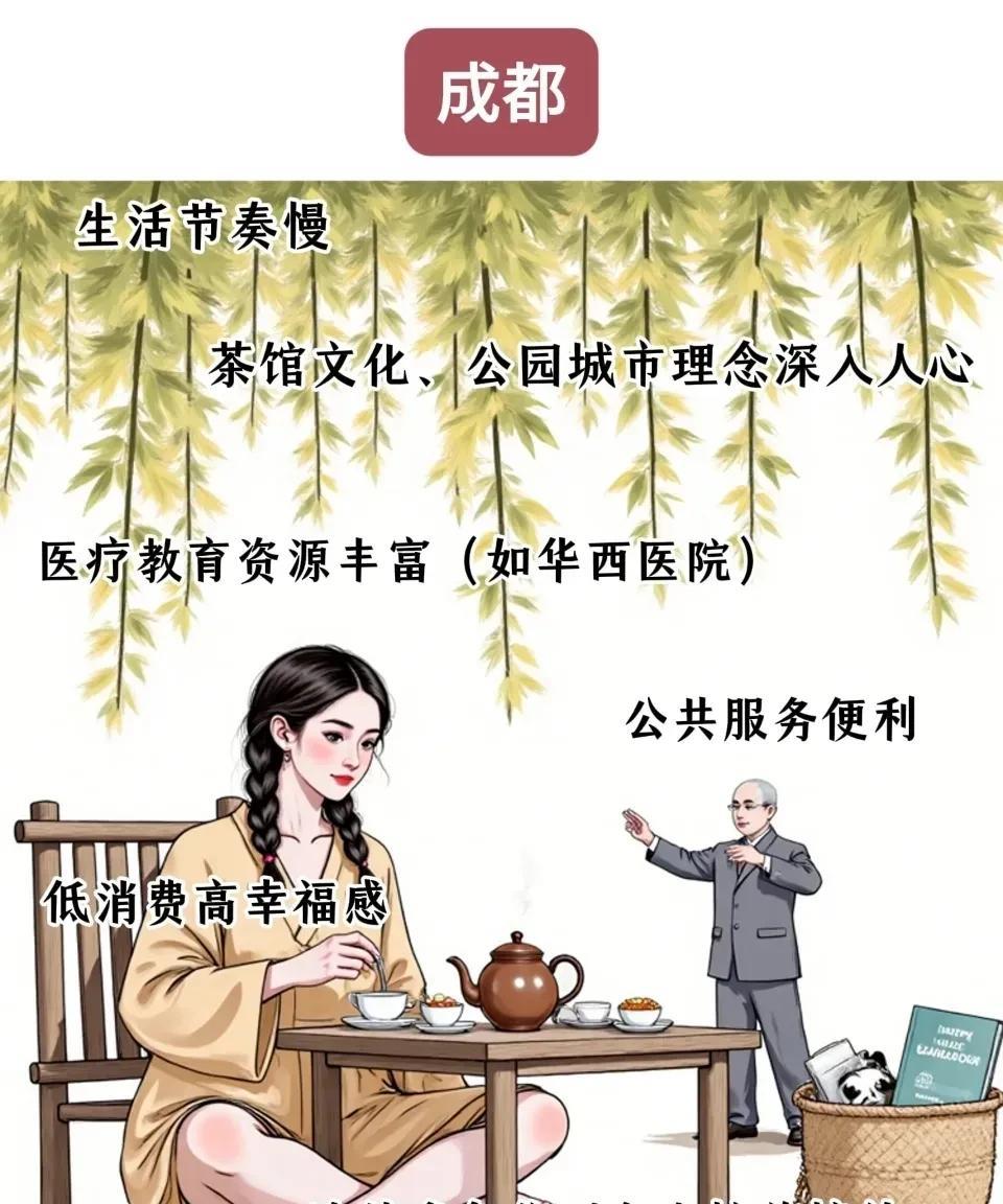 国内被公认的五个幸福感强的城市。成都以生活节奏慢，低消费为特点；杭州以互联网