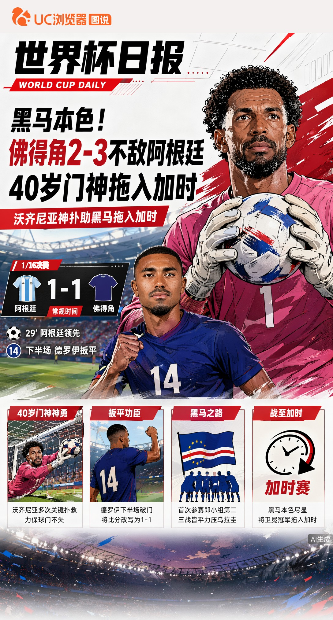 黑马本色！佛得角2-3不敌阿根廷，40岁门神拖入加时