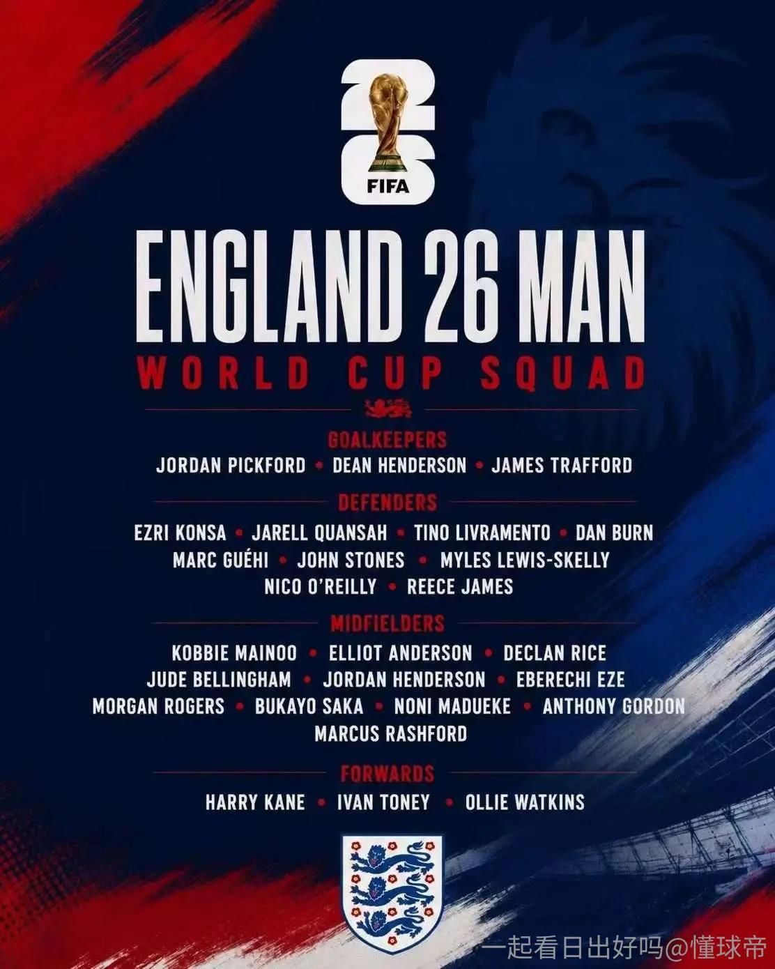 英格兰世界杯26人名单出炉！帕尔默、福登、马奎尔、阿诺德落选！新科英超冠军阿森纳