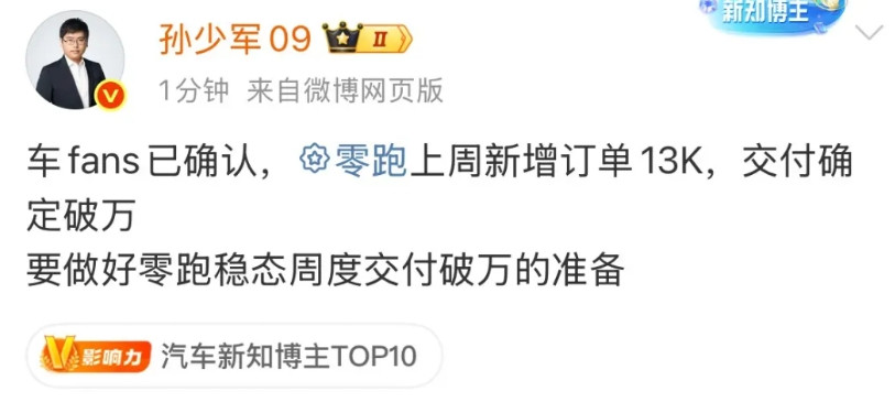 孙少军:零跑上周新增订单1.3万台，交付确定破万！就在刚才，孙志军在社交网