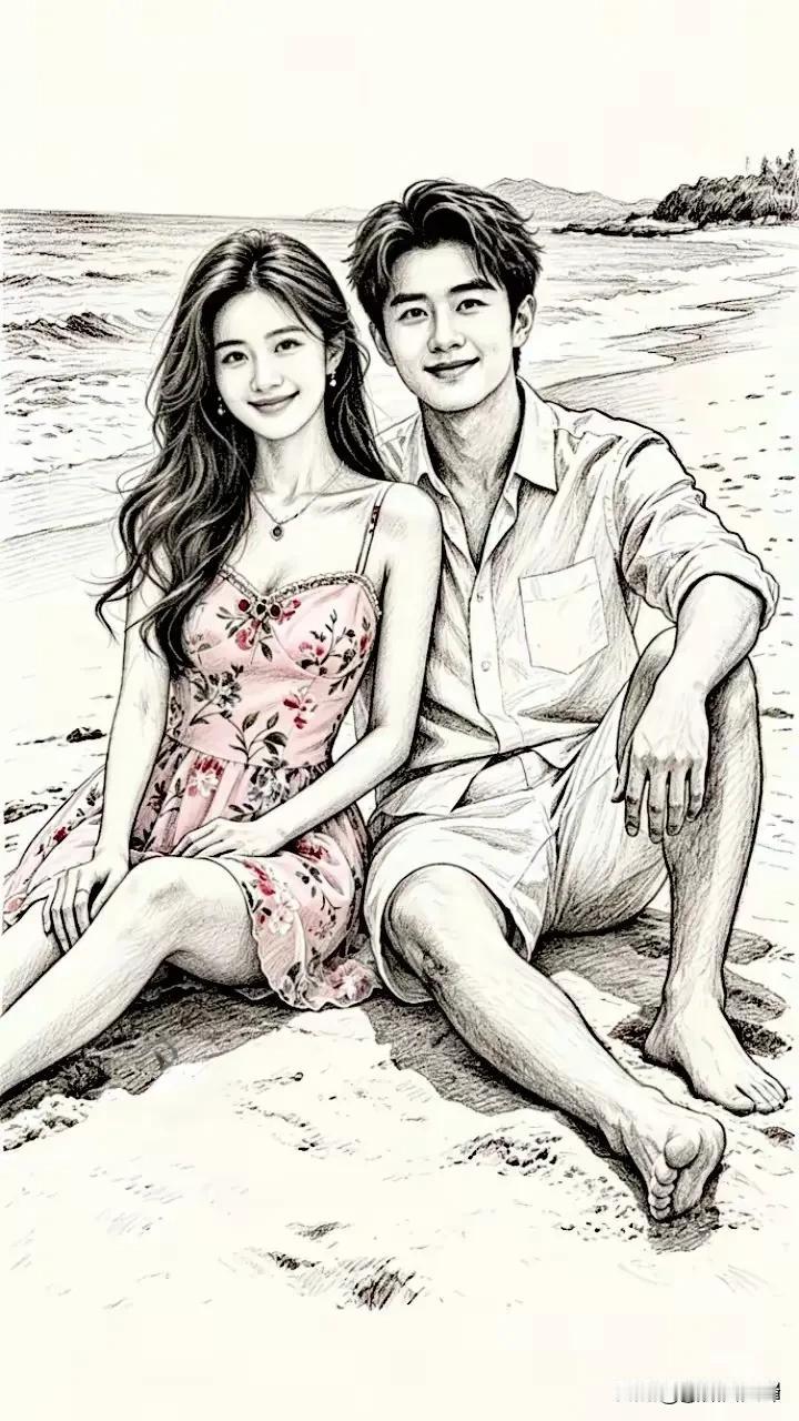 考考你的眼力劲[笑着哭]在一幅素描画上，一对情侣坐在沙滩上，男的英俊，女的秀美，