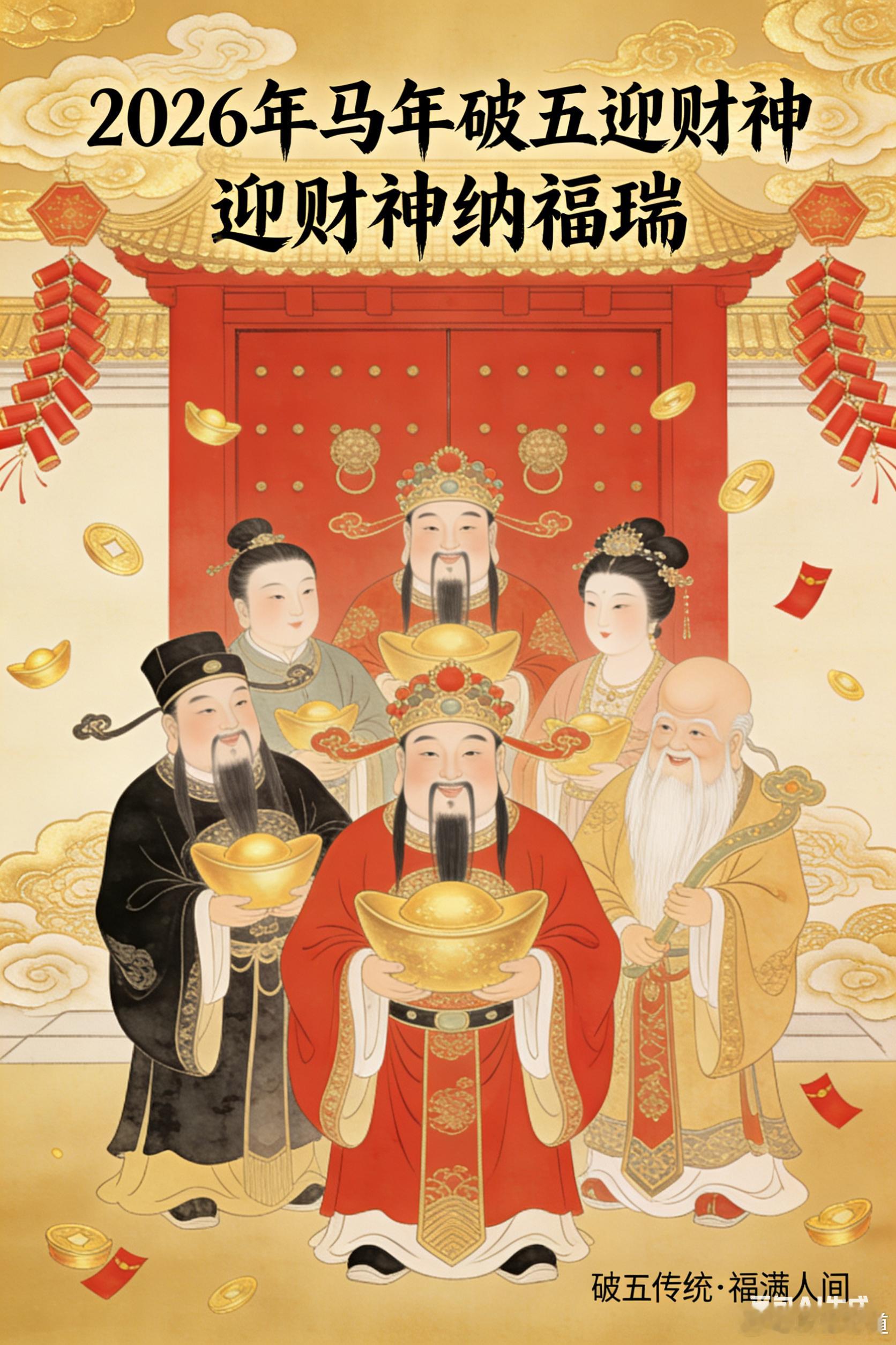 今日“破五”五路财神迎进宅，五福临门好运来。祝您：大财小财，八方来财；招财进财，