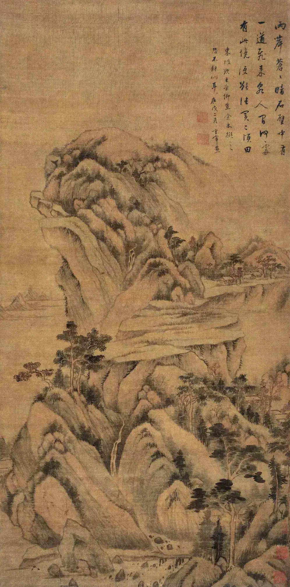 董其昌《浅绛拟王晋卿山水》设色绢本90×45cm。题识：两岸苍苍暗石壁，中有一