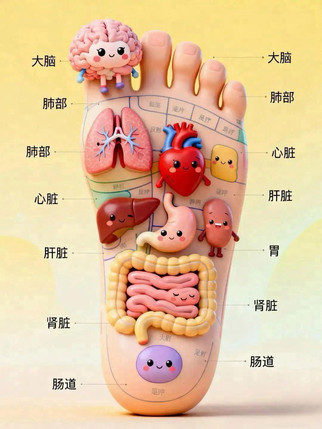 心肝肺腑，皆连于足。此乃一幅趣味盎然的足底反射区示意图，呈现了人体主要器官于足底