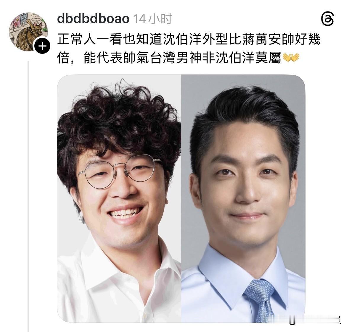 台网友今（9日）在社媒发文表示，正常人一看也知道沈伯洋外型比蒋万安帅好几倍，能代