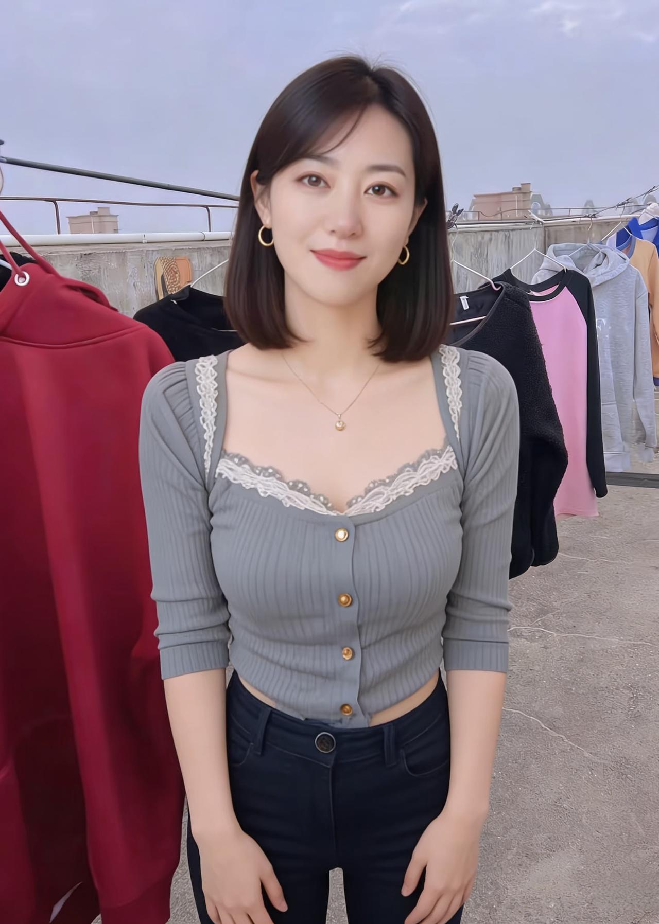 檐角霜消日影迟，佳人闲倚晒衣丝。金环轻晃春波软，笑靥初开柳色知。