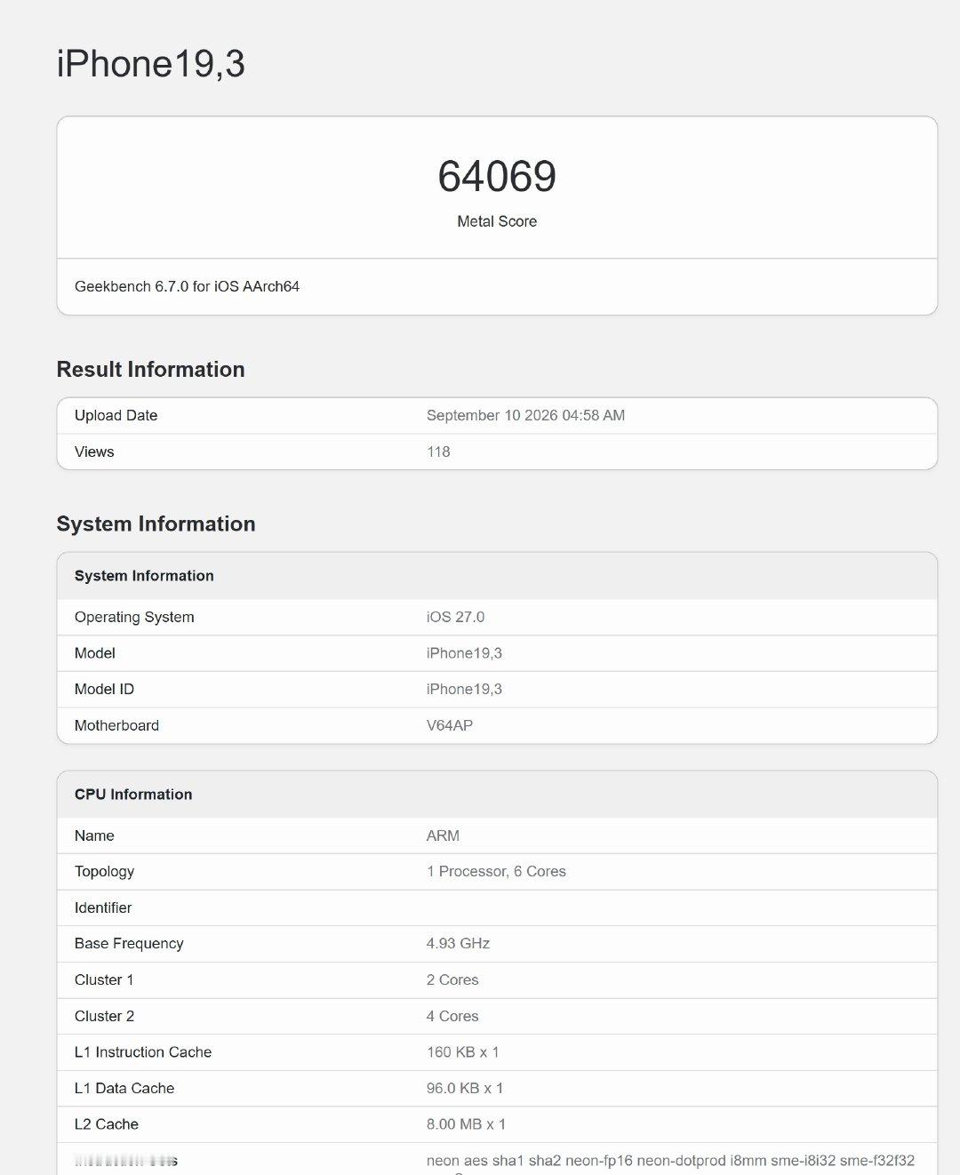 iPhone18ProMax/A20Pro首个跑分来了：12GB内存，4.93GHz主频，GeekB