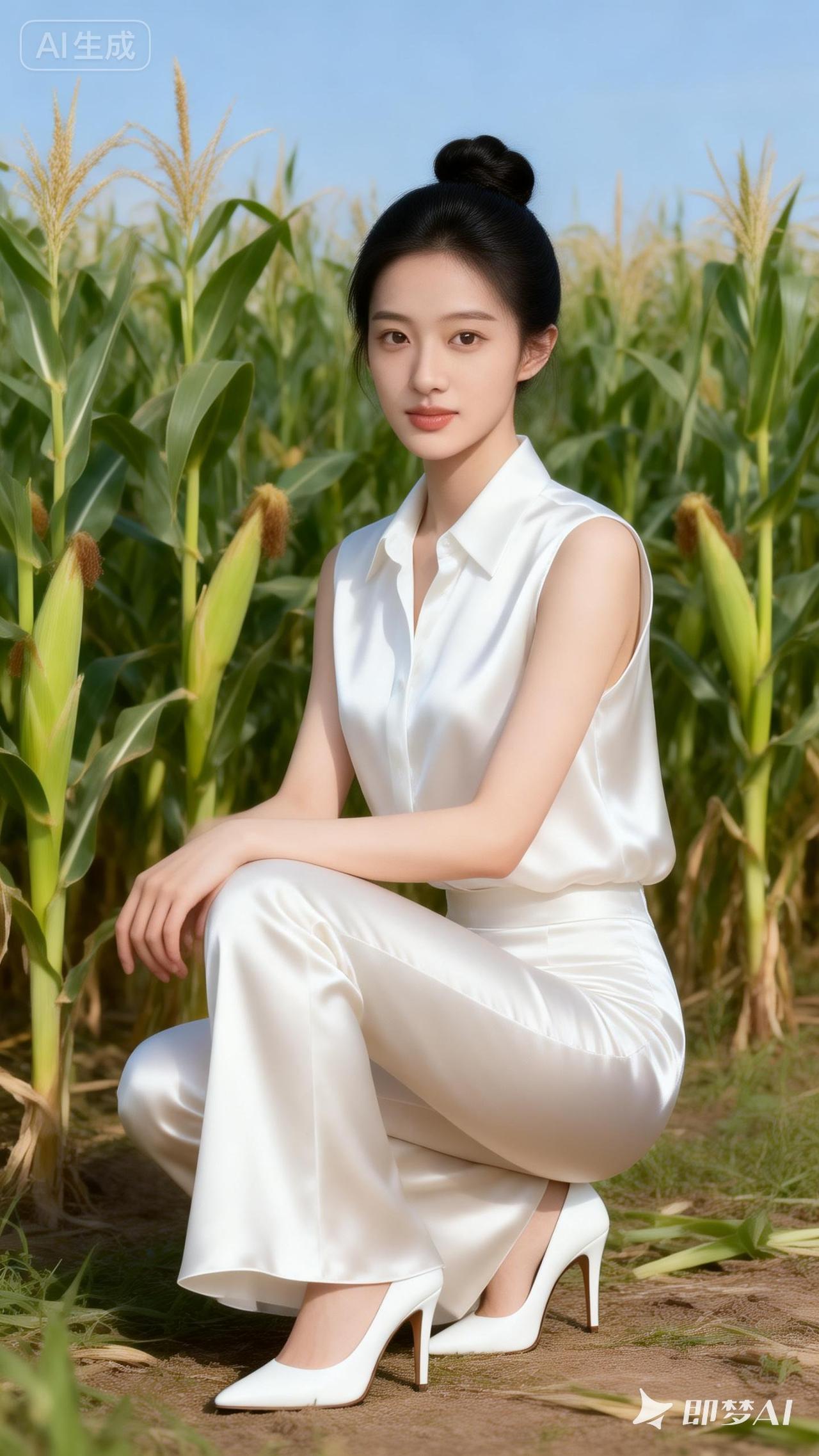 在玉米田里，优雅白衣少女，清新自然美