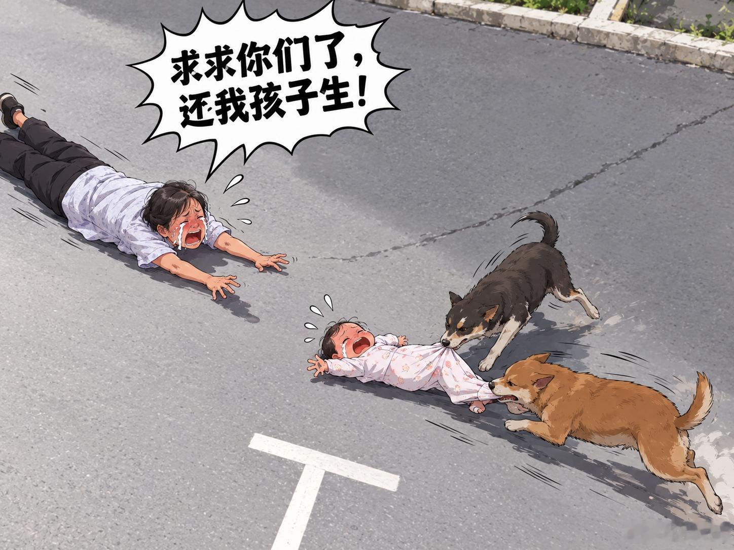 亚洲上海，一女子怀抱婴儿在小区散步时遭到两只狗狗毛孩子围猎。两只狗狗各叼着一只腿欲将婴儿活活车裂分食