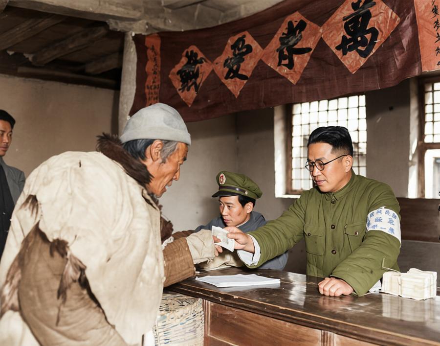 1947年，胡宗南占领延安后，设处发“口粮券”，右侧人员递出口粮券，左侧陕北老人