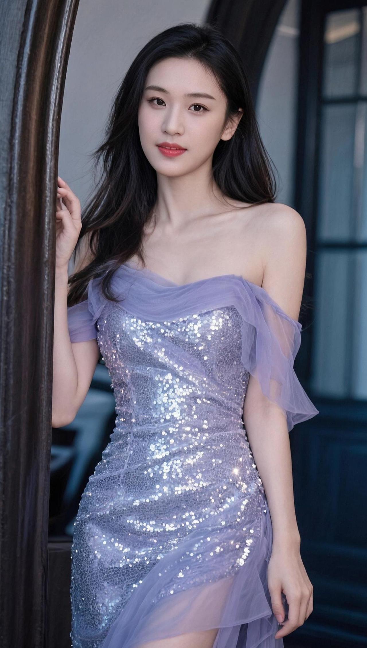 紫色的星光洒在裙摆上，仿佛夜空中的银河倾泻而下。优雅与神秘交织，每一步都像是在星