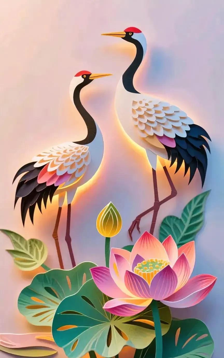 仙鹤立莲花，祥瑞映人间。