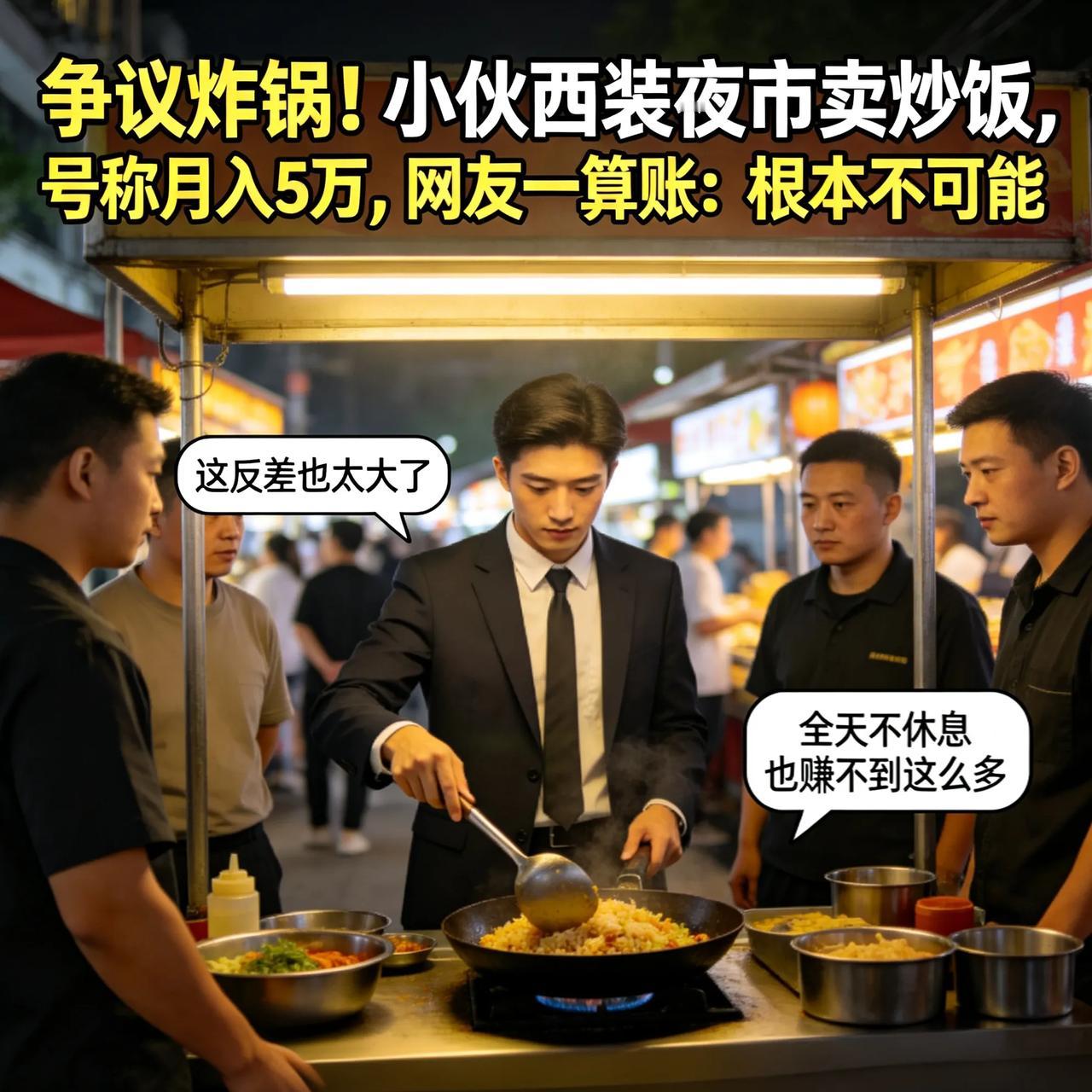 争议炸锅！小伙西装夜市卖炒饭，号称月入5万，网友一算账：根本不可能身边工友