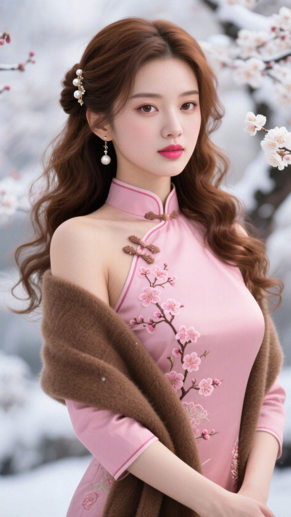 粉襟梅里的雪日柔粉缎旗袍轻裹肩臂时，像把春枝梅色织进了冬雪风里——轻绾的盘