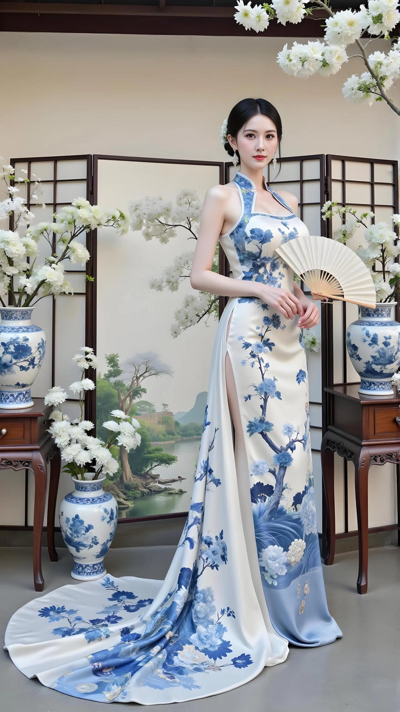 一袭蓝白绣菊旗袍，勾勒出婉约身姿；屏风含山水、青花瓷映雅韵，佳人立处，便是水墨江