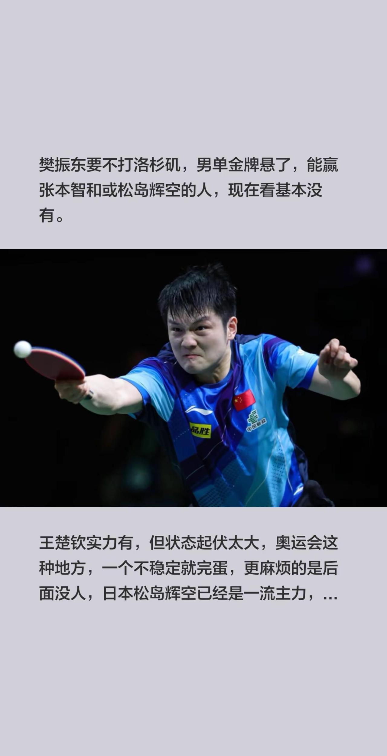 说实话，现在国乒男单除了樊振东没人能扛旗。樊振东要不打洛杉矶，男单金牌悬了，能赢