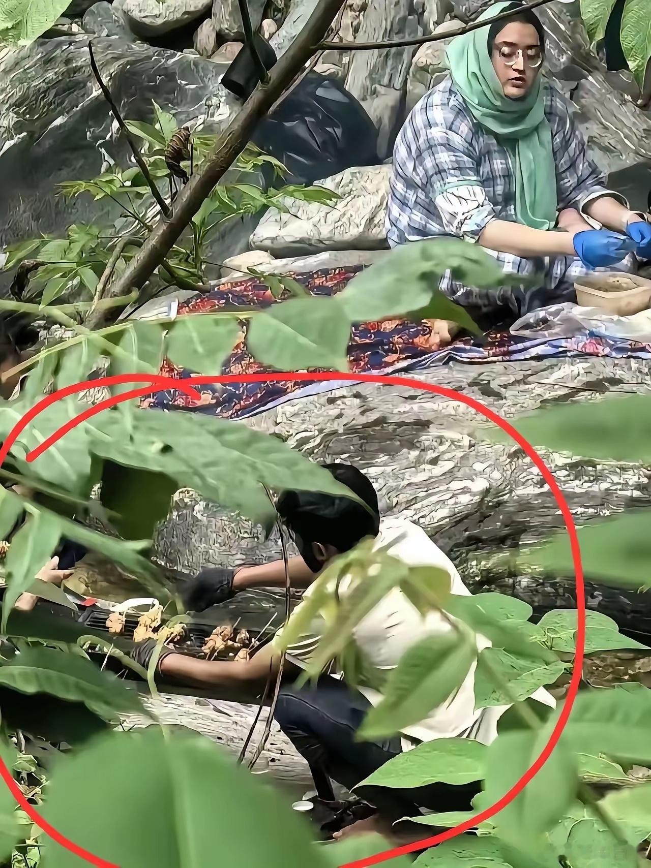 网友爆料，几个南亚人在秦岭大山的景区里偷摸烧烤。秦岭禁止野外烧烤，查到会罚款、没