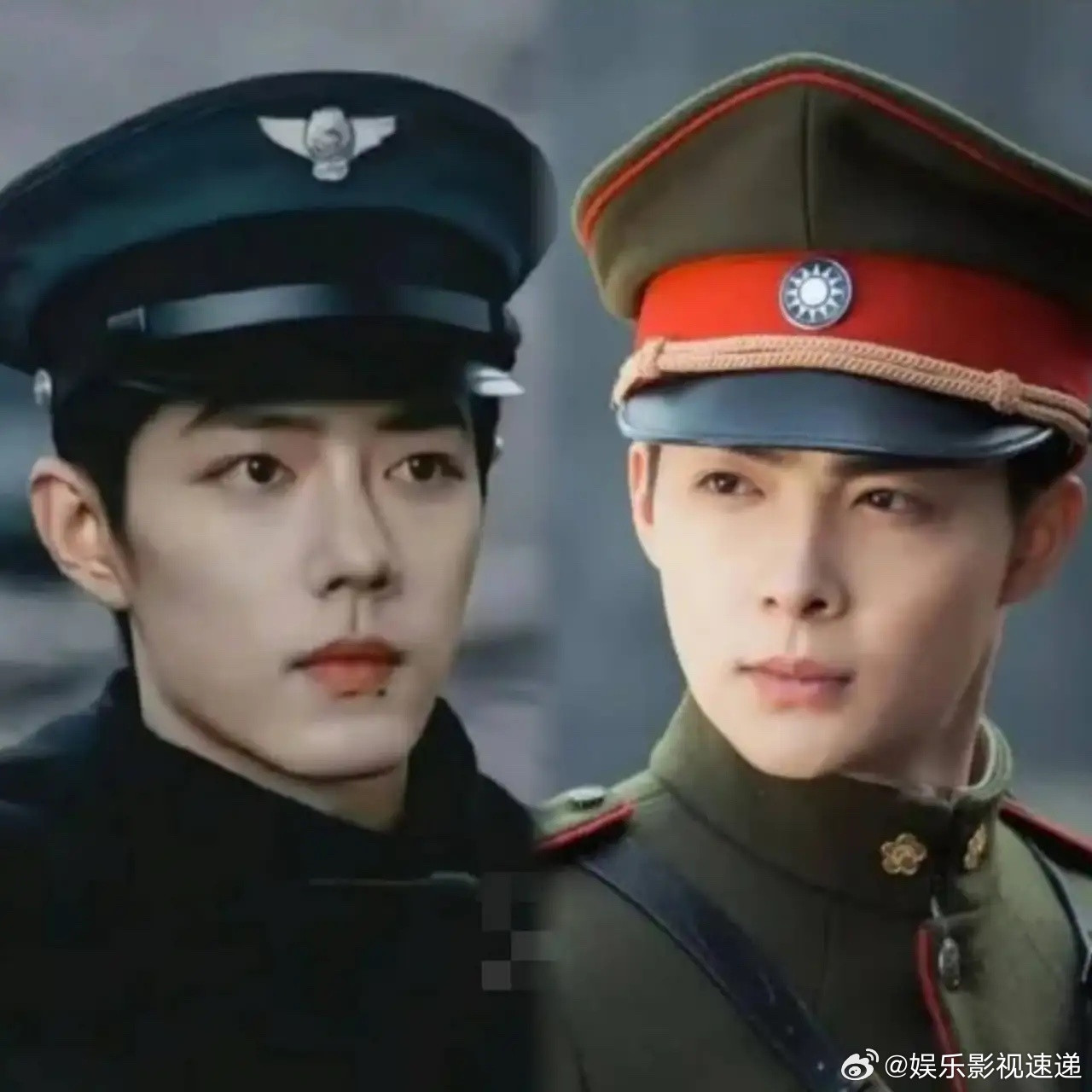 左边肖战，右边张铭恩，他们都是年代剧里的军装造型。肖战，34岁，身高183cm，