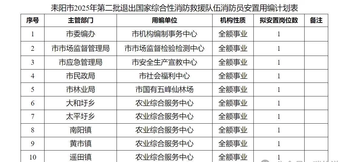 【湖南省耒阳市】2025年度第二批退出消防员政府安排转岗安置计划的公示