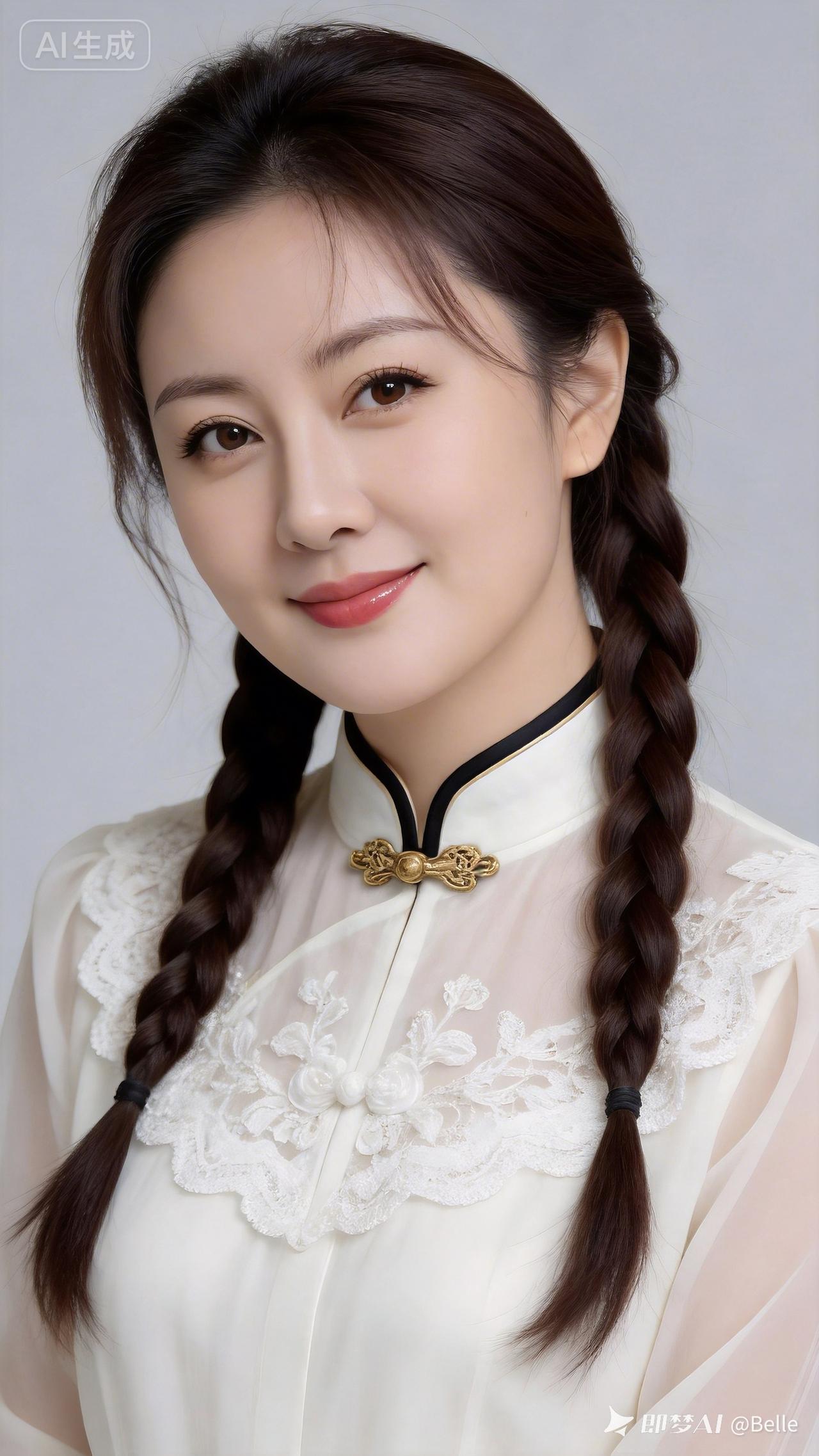 复古风少女，双麻花辫，优雅蕾丝衫，复古发饰，甜美笑容