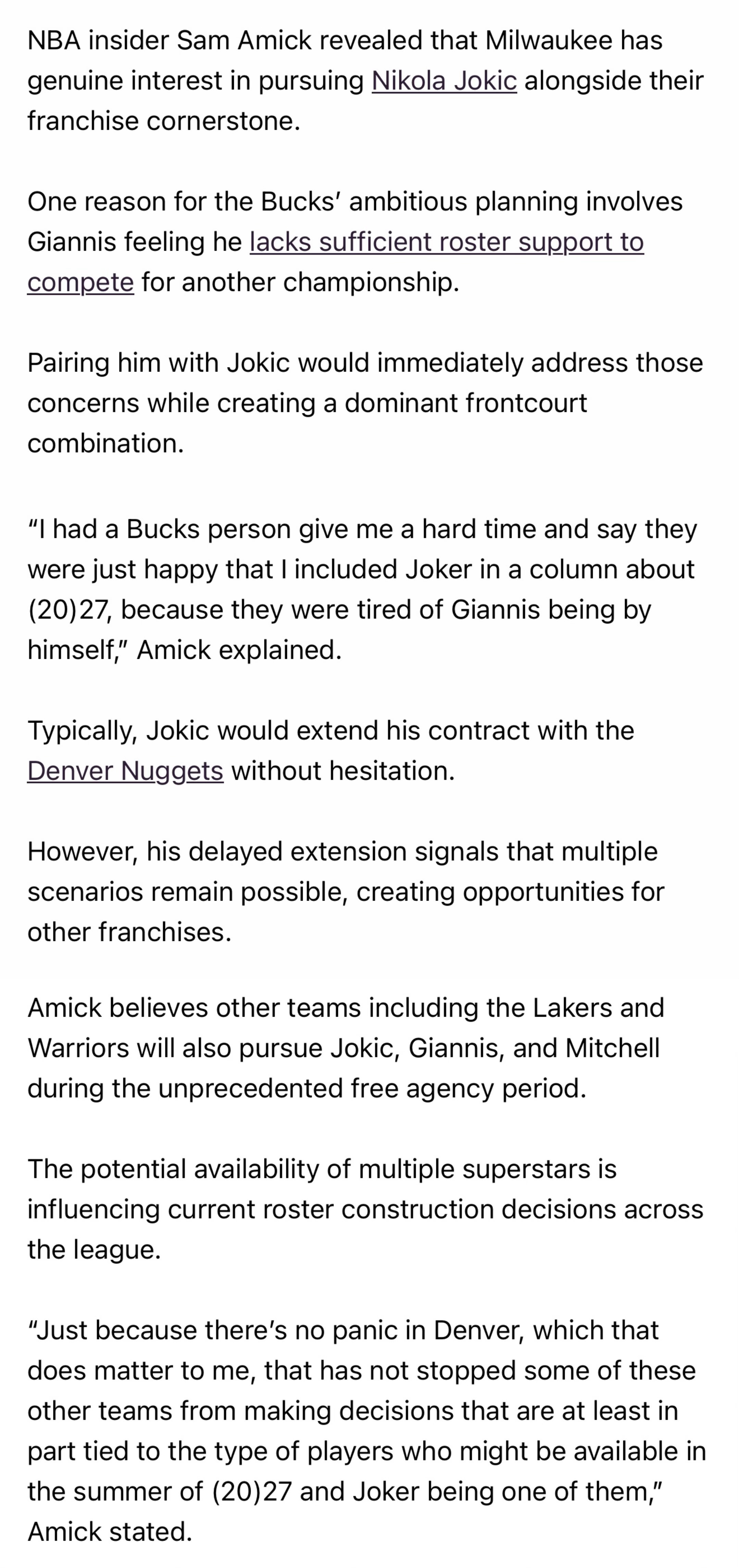 NBA记者SamAmick表示：雄鹿想追求约基奇，与字母哥搭档。湖人也想追他们