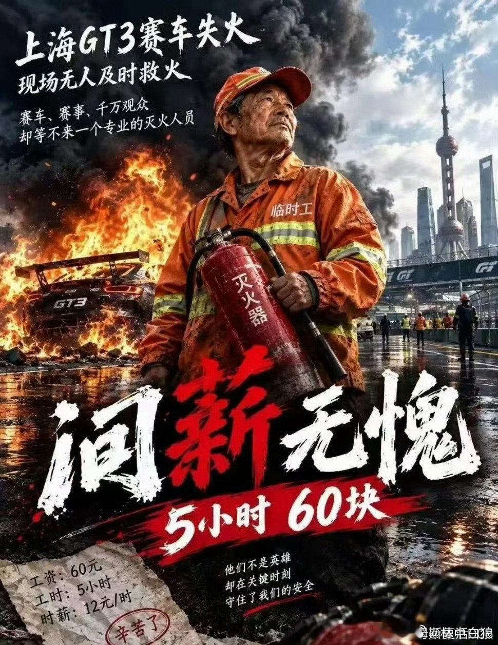 上海GT赛事的这位大爷，冒着风险把灭火器递到车手手上，然后才撤离现场。60块的酬劳，凭什么让他干6万
