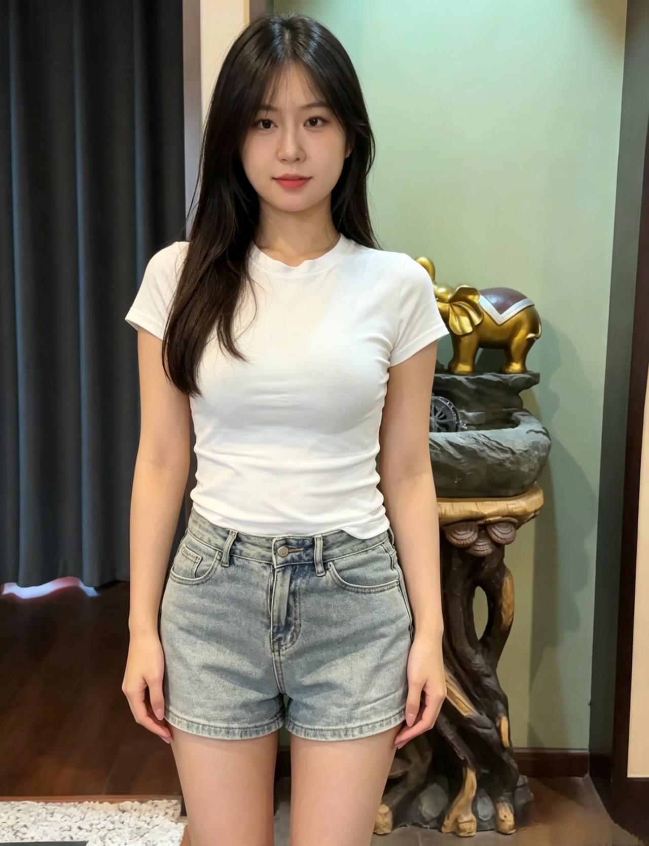 素白短T衬着清简牛仔短裤利落鲜活眉眼干净，气质温婉寻常日常里自有一份恬淡