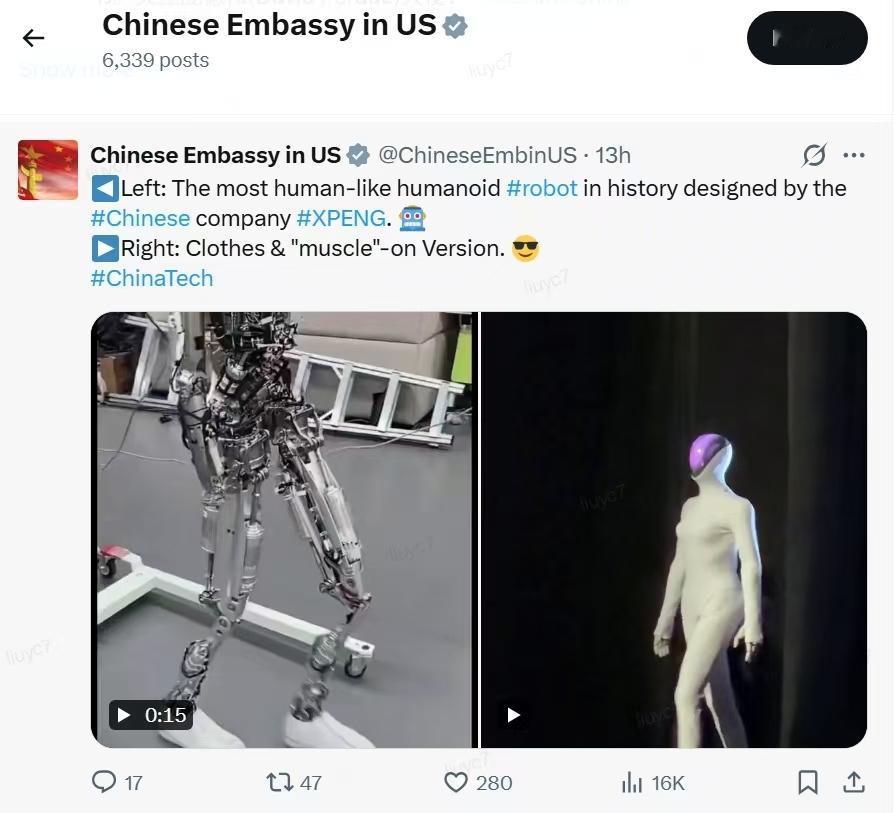 中国驻美大使馆通过官方渠道发布该机器人的裸机训练与登台对比视频，并称“史上最像人