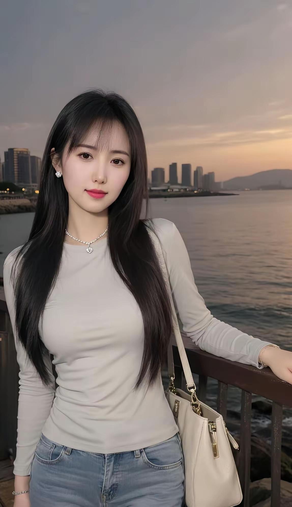 江畔美人倚，海风吹鬓轻。