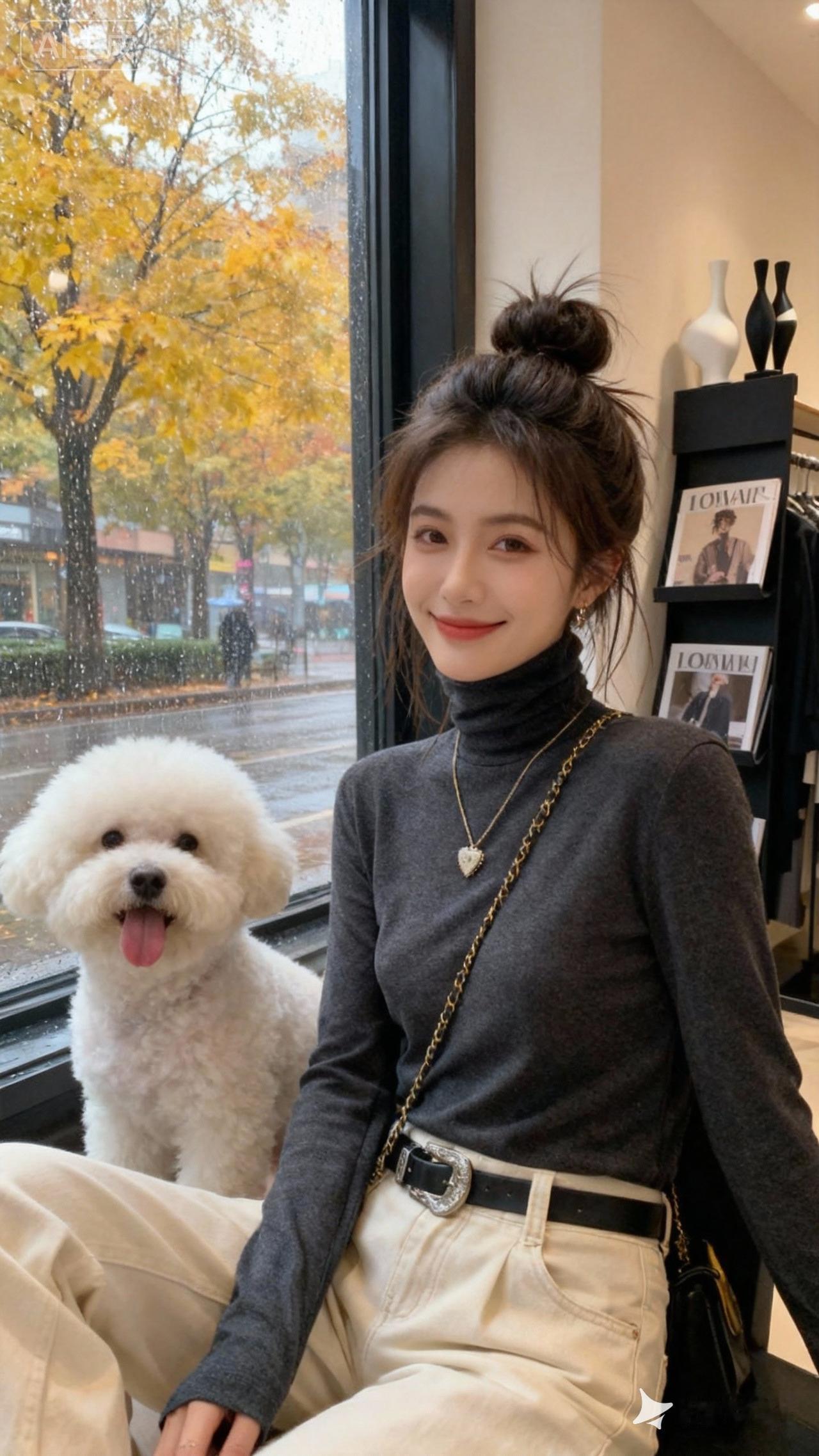 一位年轻女性，头发高高盘成丸子头，发丝自然散落几缕碎发，增添随性氛围；五官精致，