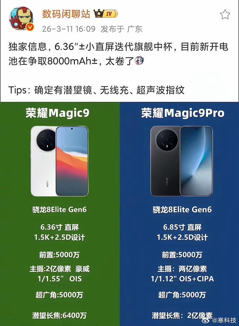 站哥最新剧透！荣耀Magic9配置规格疑似曝光，据传将迎来全面大升级：内置800