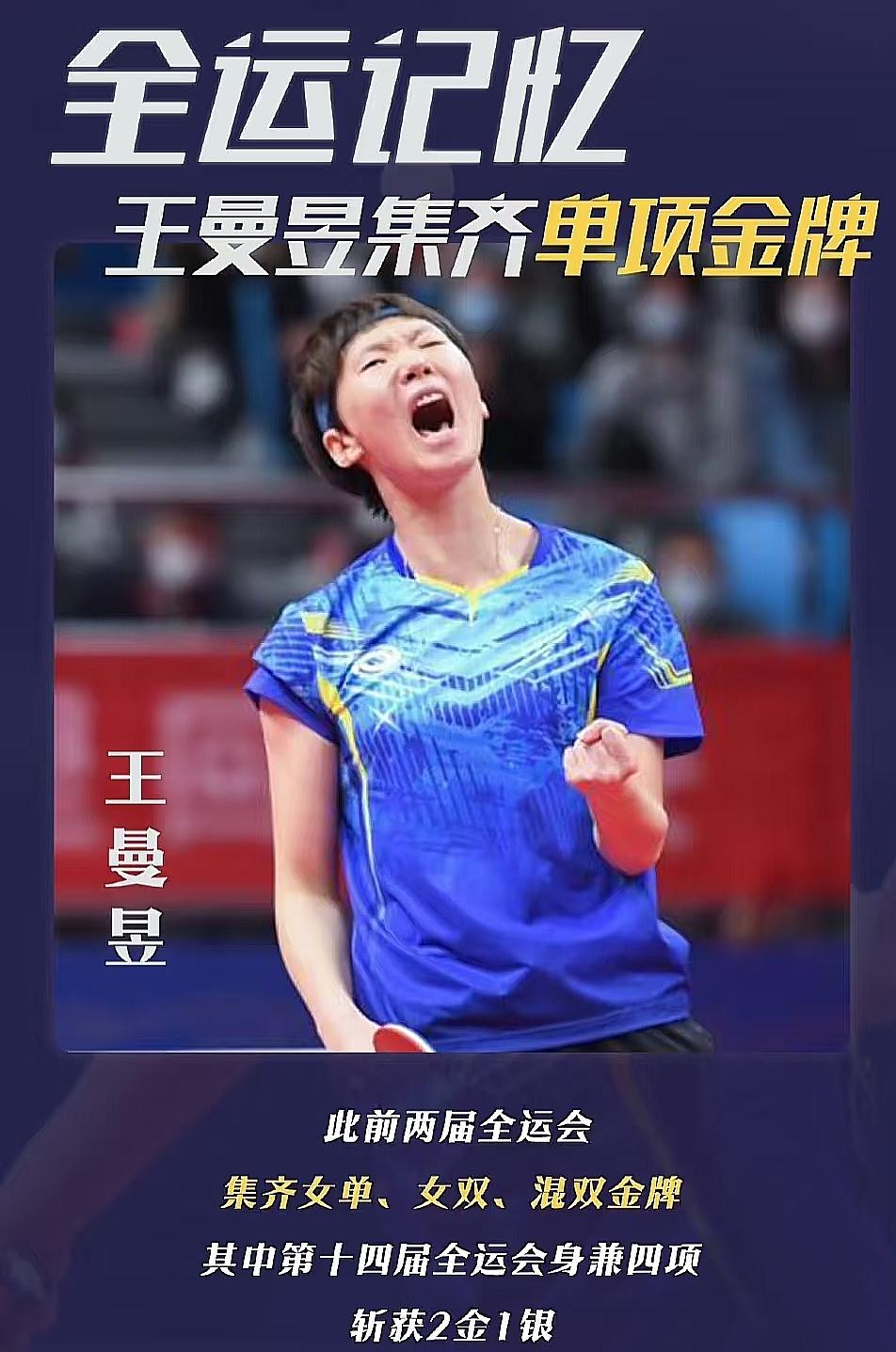 王曼昱这“全运大满贯”简直是乒坛独一份的绝版传奇——两届全运集齐女单、女双、混双