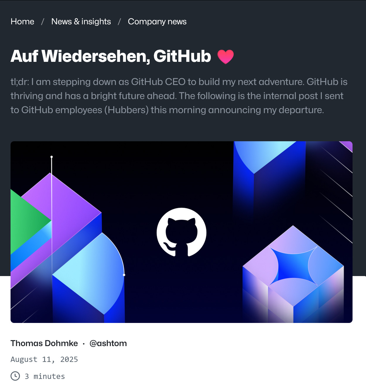 Github的CEO托马斯·多姆克离职，准备创业去了。后续GitHub