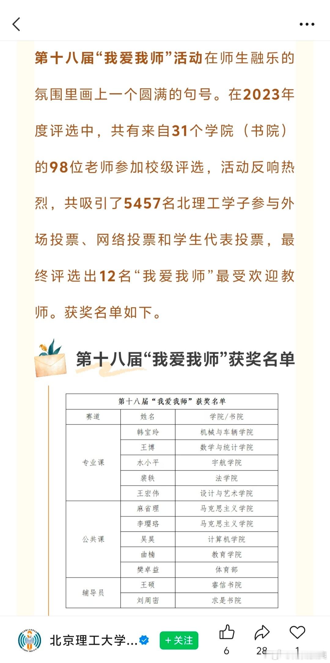 这个裴姓女助教在北理工还挺受欢迎的，还入选了北理工第十八届“我爱我师”的获奖名单