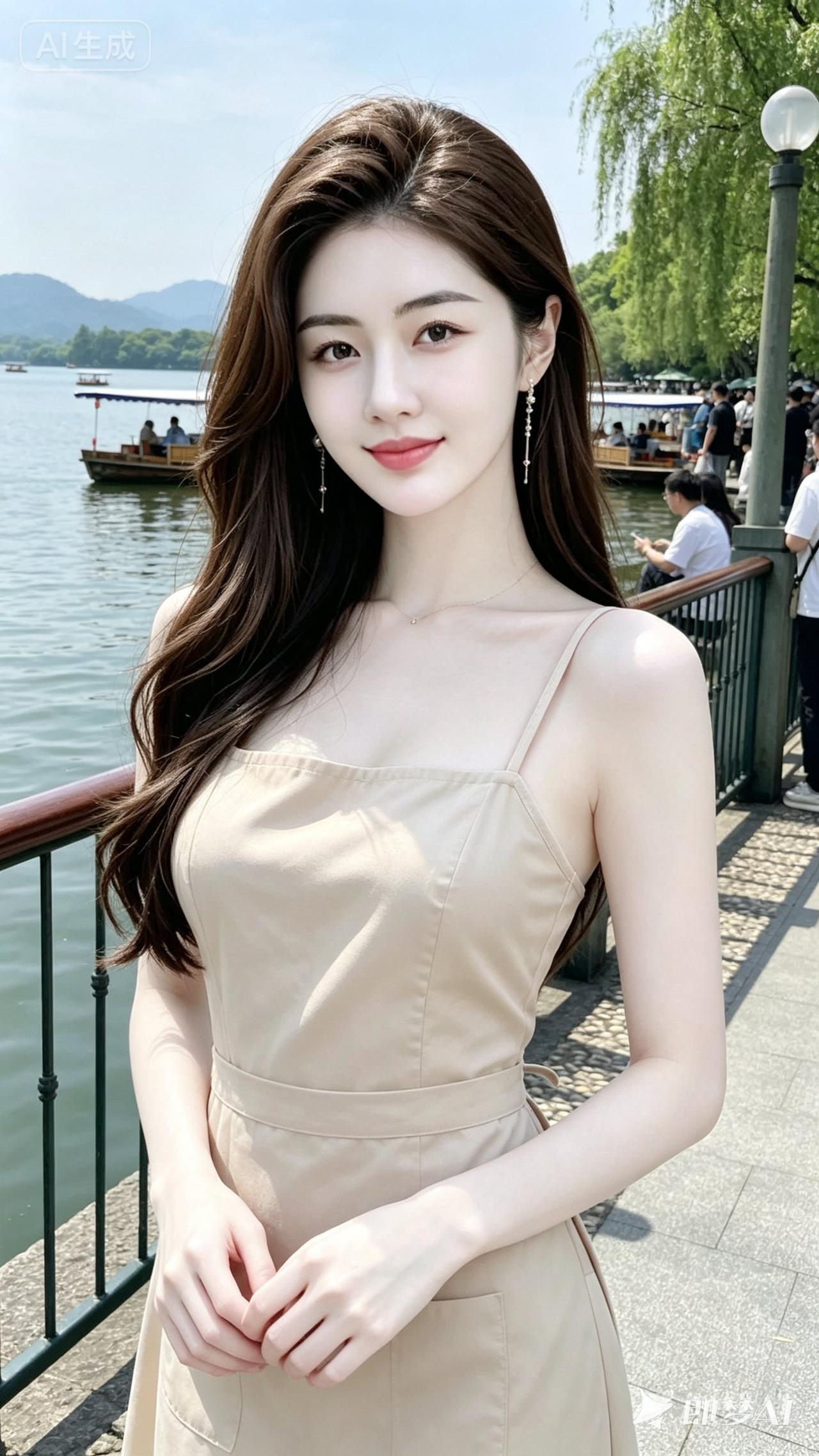夏日湖畔，甜美少女，浅笑盈盈，微风拂面。