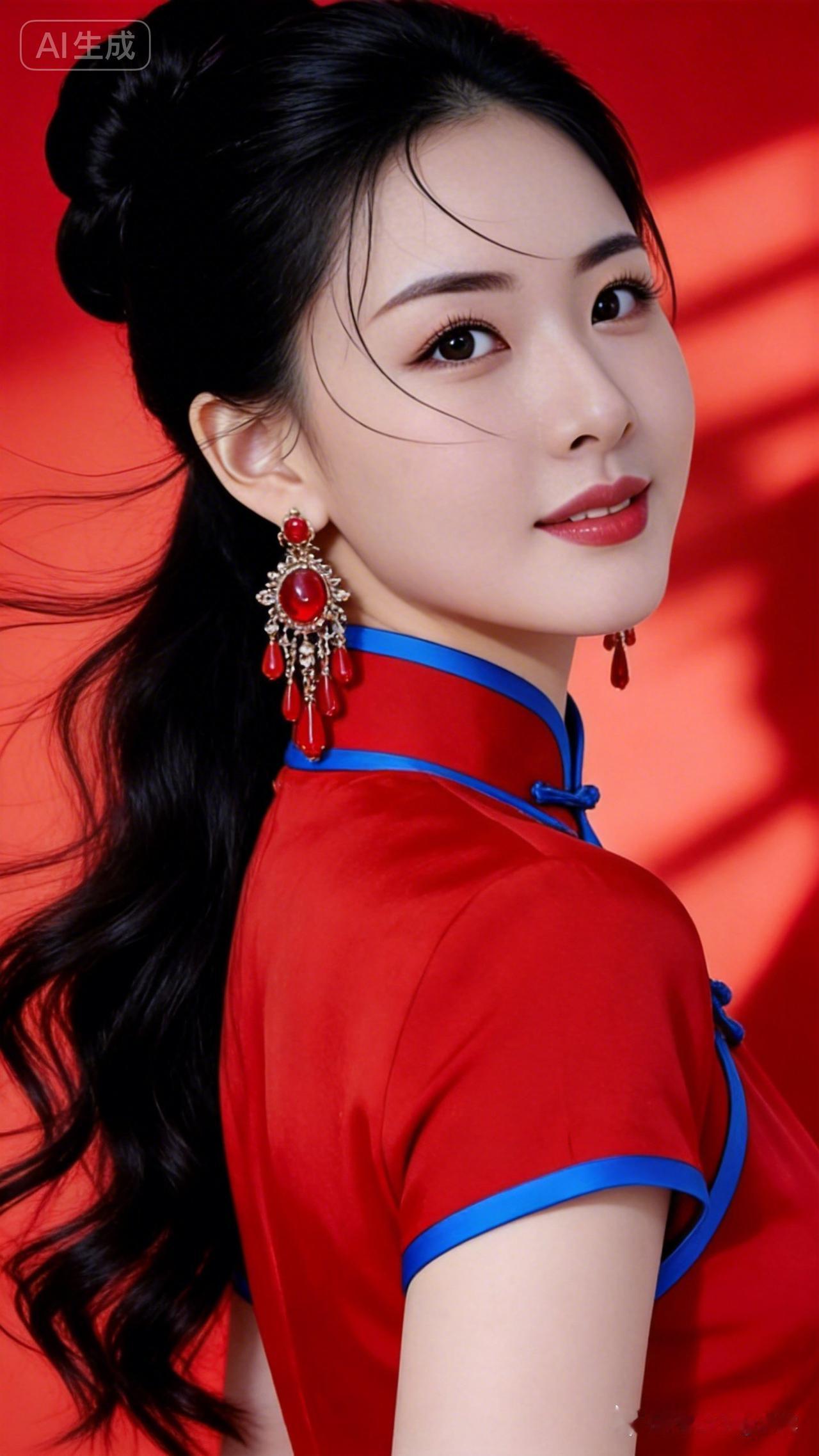 惊艳的东方美人，红衣飘逸，耳畔红宝石闪耀，尽显古典优雅。