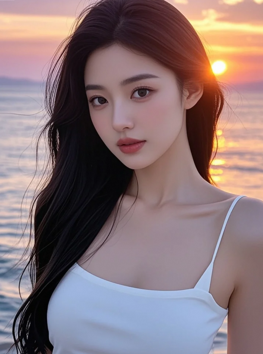 她站在海边，等待夜幕降临