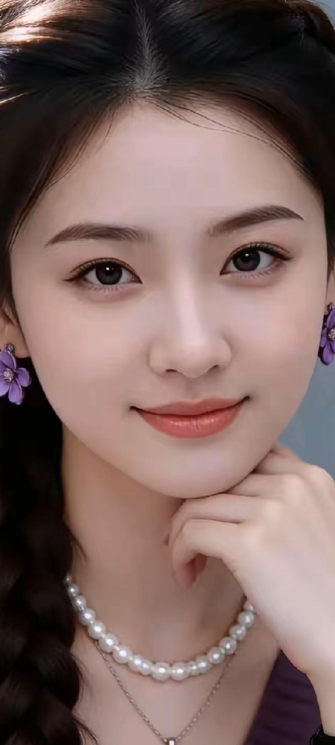 温柔甜美的少女，珍珠项链点缀，紫色花饰耳环，微笑动人。