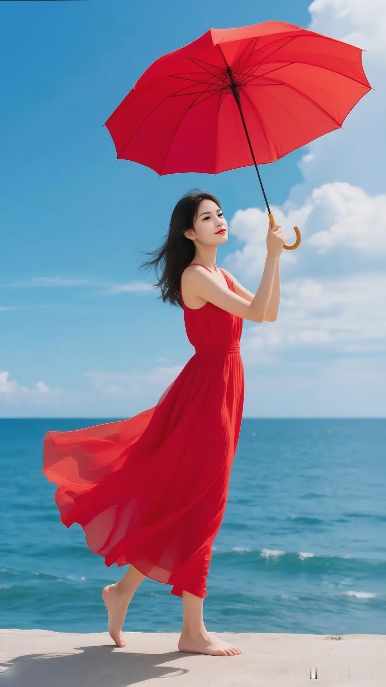 海边漫步，红裙飘逸，伞下美人，浪漫海风。古风女人的美有几种类型