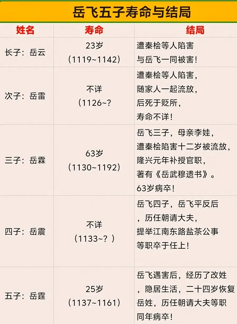 抗金名将岳飞五子寿命与结局。岳飞抗金十五年，然而一代名将遭奸臣秦桧等人...