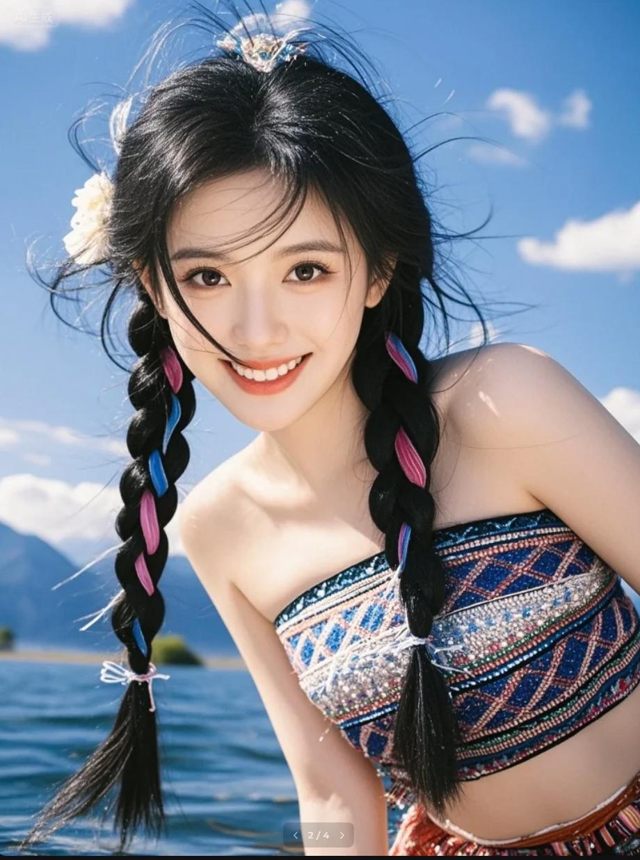 纳西族少女头戴鲜花，对着镜头俏皮眨眼：“要笑哦！”