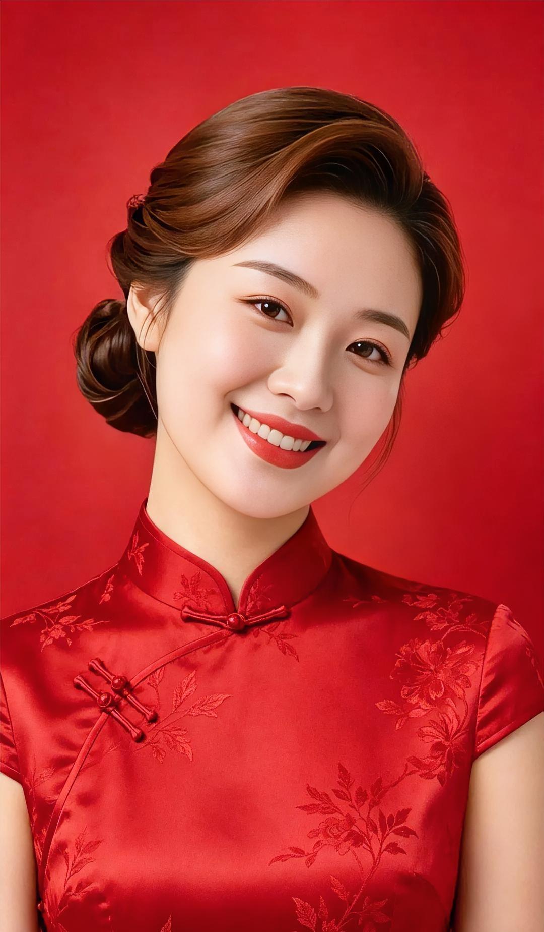 《《红妆里的东方韵》》一抹正红，晕染岁月温存，缎面旗袍，绣着枝叶清芬。
