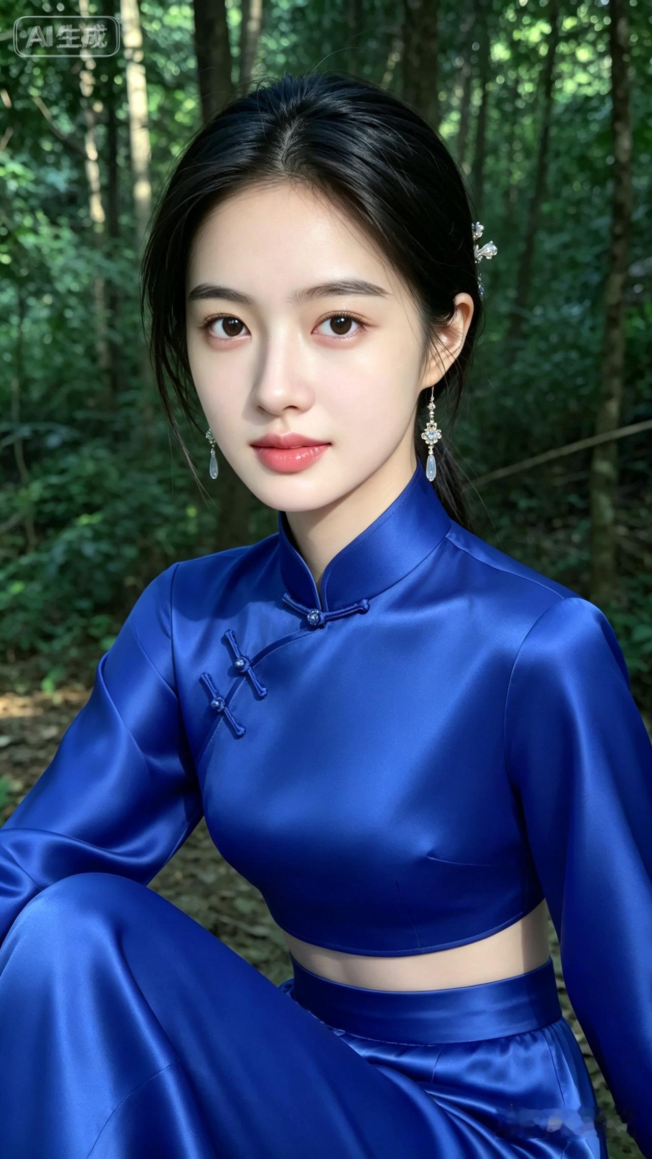穿蓝色旗袍的女孩在森林里。