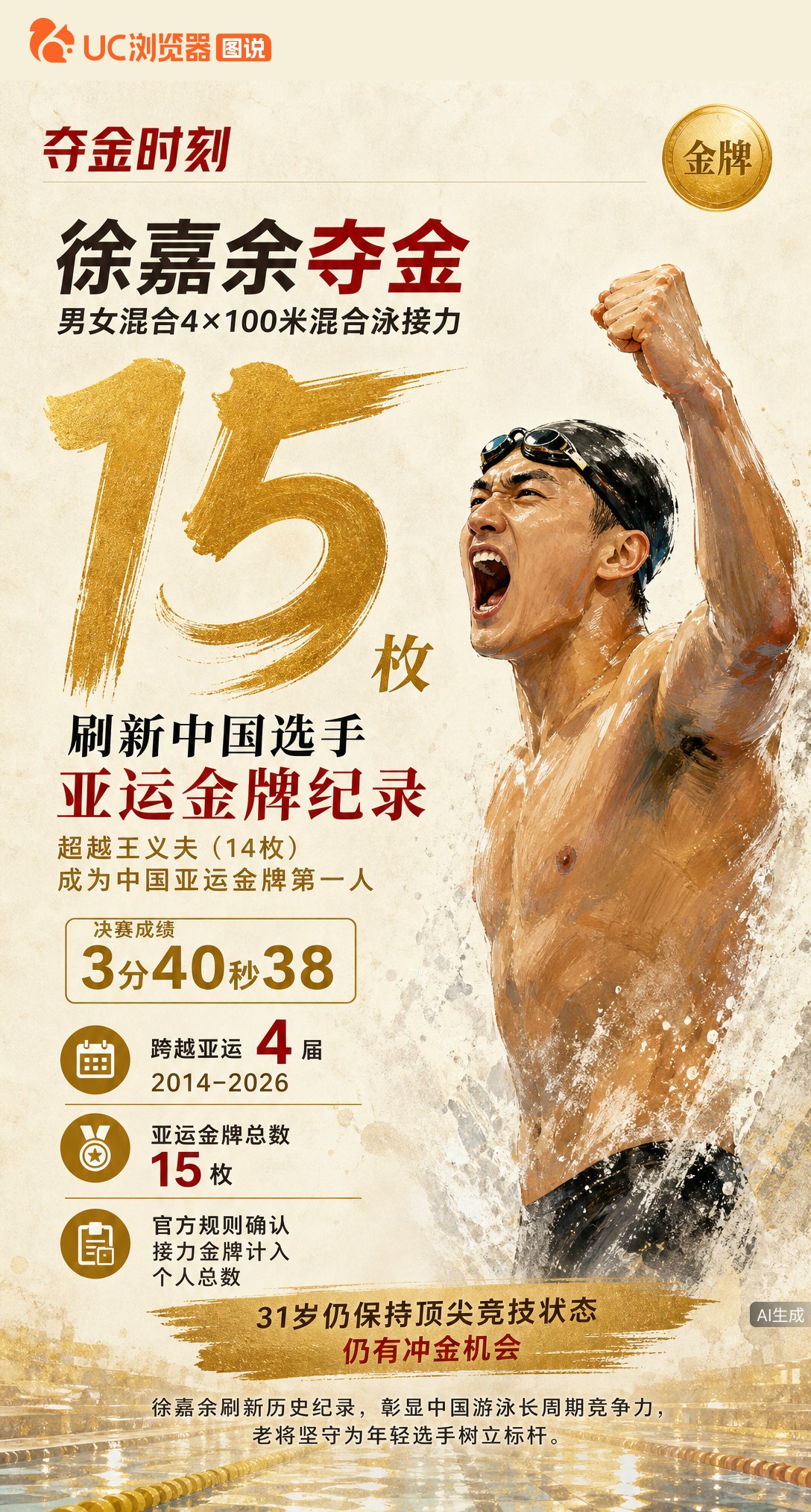 15金！徐嘉余随队拿下混合泳接力冠军，超越王义夫成为中国亚运金牌第一人。从2014到2026横跨四届