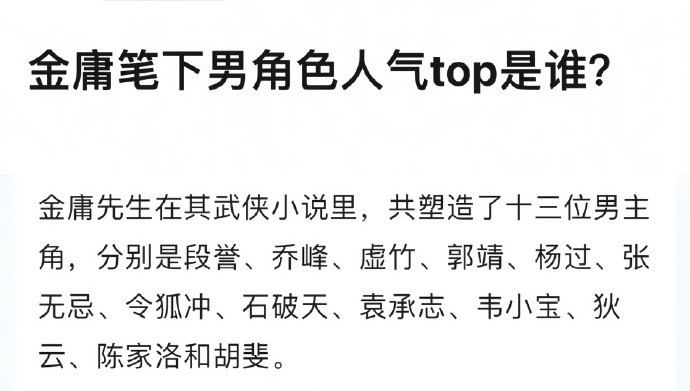 金庸笔下男性角色人气top是谁？