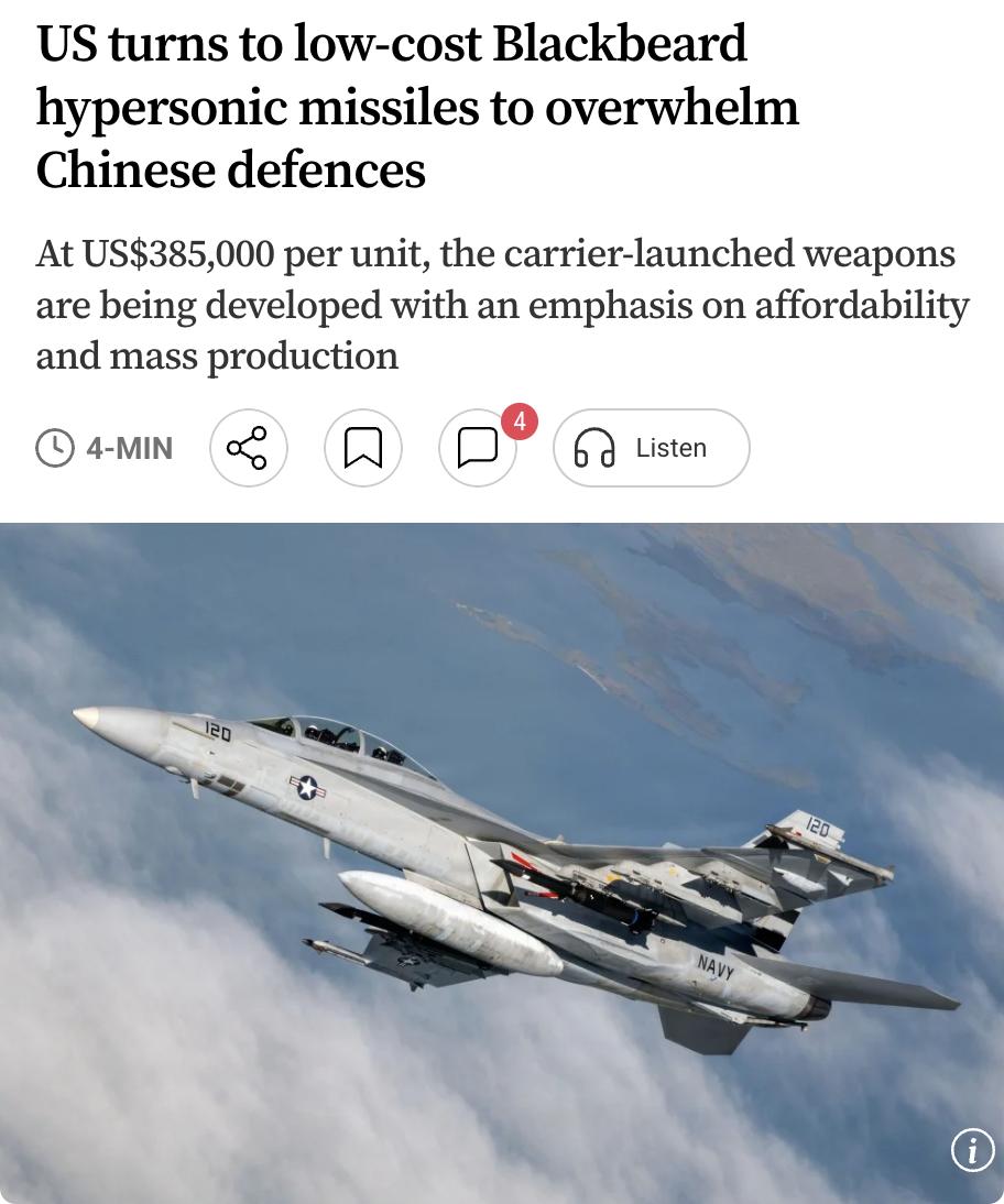 外媒：美国海军正开发低成本"黑胡子"高超音速导弹，单价仅38.5万美元，远低于洛