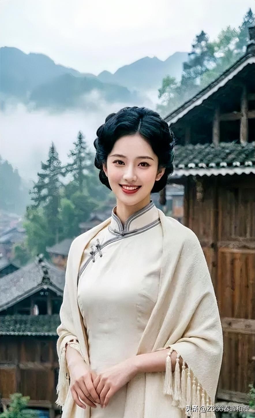 素雅旗袍温婉动人，流苏披肩轻绕臂弯。在云雾缭绕的木楼青山间，嫣然一笑，尽显东方古