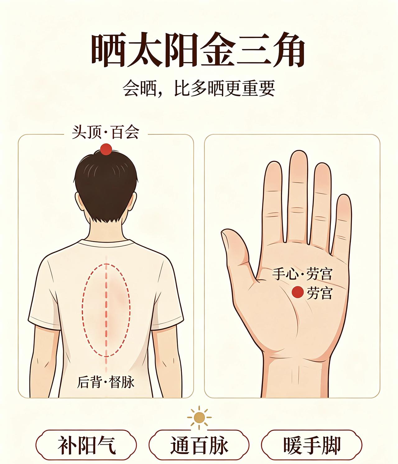 晒太阳,哪几个部位最关键?晒太阳想效果好，认准三个“金三角”部位就行，不用脱